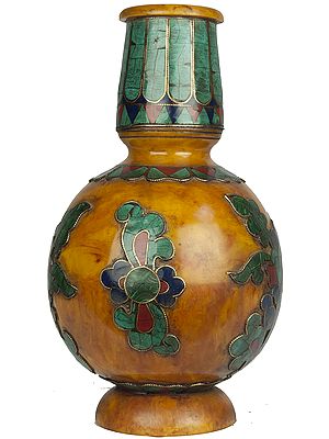 Tibetan Buddhist Amber Dust Vase with Inlay Flowers