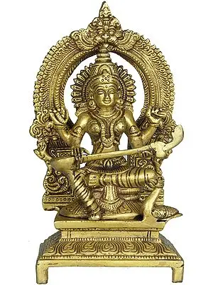 7" Goddess Saraswati Seated on Throne with Floral Aureole In Brass | Handmade | Made In India