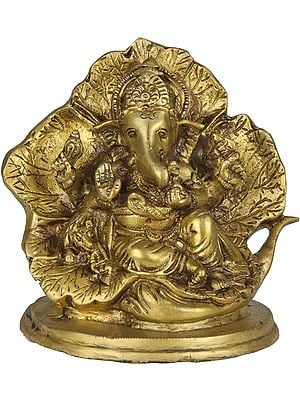 5" Lord Ganesha Seated on a Flower Couch In Brass | Handmade | Made In India