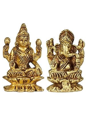 2" Lakshmi Ganesha Small Sculpture in Brass | Handmade | Made in India