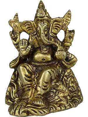 2" Lord Ganesha Idol Seated on Mountain | Handmade Brass Statue