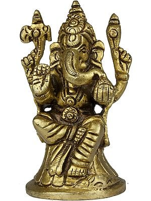 3" Four Armed Seated Ganesha Small Sculpture in Brass | Handmade
