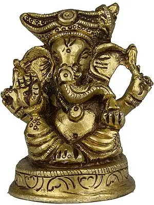 2" Four Armed Turbaned Ganesha (Small Sculpture) In Brass | Handmade | Made In India