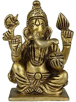 2" Four-Armed Ganesha Brass Idol Seated in Easy Posture | Handmade | Made in India