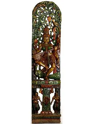 Saraswati - Goddess Of Wisdom And Arts In Dancing Pose in the Backdrop of  Floral Aureole