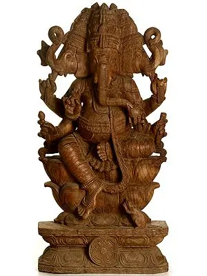 Trimukha Ganesha Seated In Lalitasana On Lotus