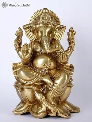 9" Lord Ganesha Idol Seated on Lotus | Handmade Brass Murti | Made in India