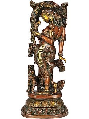 18" Celestial Nymph with Parrot Passing Message in Brass | Handmade | Made In India