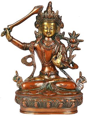 8" Tibetan Buddhist Deity Manjushri Brass Statue - Bodhisattva of Transcendent Wisdom | Handmade