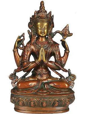 8" (Tibetan Buddhist Deity) The Four Armed Avalokiteshvara In Brass | Handmade | Made In India