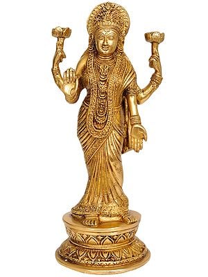 11" Goddess Lakshmi Wearing Sari In Brass | Handmade | Made In India