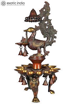 25" Peacock Lamp with Bells and Ghungroos in Brass | Handmade | Made in India