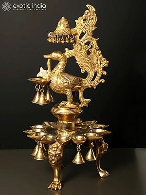 25" Peacock Lamp with Bells and Ghungroos in Brass | Handmade | Made in India