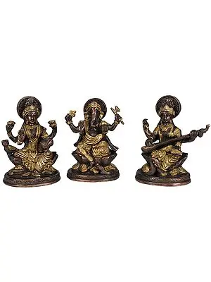 5" Lakshmi Ganesha Saraswati - Set of Three Statues In Brass | Handmade | Made In India