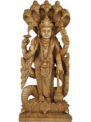 The Sustainer of Universe Lord Vishnu Standing on Lotus with Five-hooded Sheshnag Canopying Over It