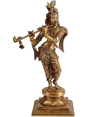 12" Lord Krishna Playing on Flute In Brass | Handmade | Made In India