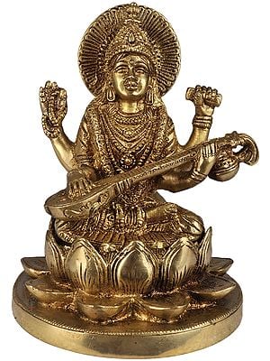 5" Four-Armed Goddess Saraswati Seated on Lotus In Brass | Handmade | Made In India