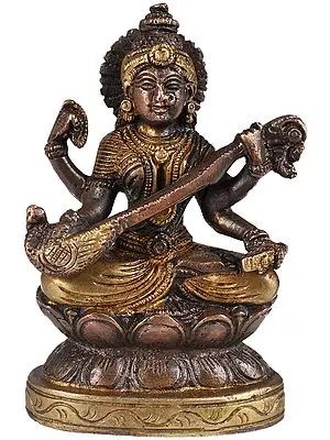 Goddess Saraswati Wearing Sari in Brown and Golden Hues