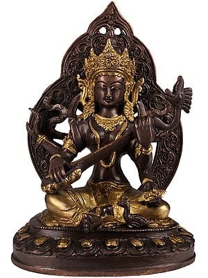 9" Four-Armed Seated Saraswati in Golden and Brown Hues In Brass | Handmade | Made In India