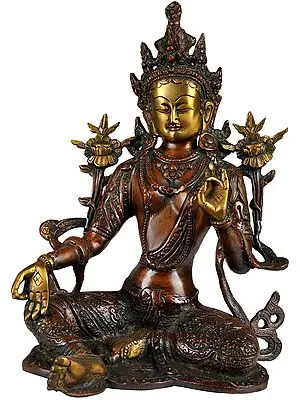 10" Tibetan Buddhist Goddess Green Tara in Brown and Golden Hues In Brass | Handmade | Made In India