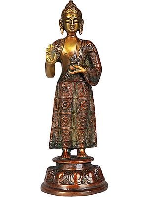 7" Tibetan Buddhist Standing Medicine Buddha with the Bowl of Medicinal Herbs In Brass | Handmade | Made In India