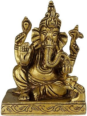 2" Four Armed Seated Ganesha Idol in Brass | Handmade Brass Statue