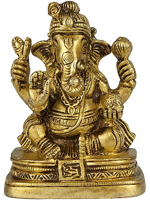 3" Four-Armed Ganesha with Peacock Feather in Crown In Brass | Handmade | Made In India
