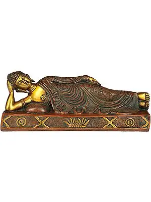 12" Parinirvana Buddha Statue (Robes Decorated with Auspicious Symbols) in Brass