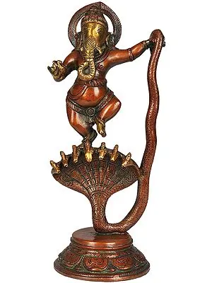 12" Lord Ganesha Dancing on Seven-Hooded Serpent In Brass | Handmade | Made In India