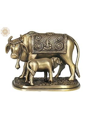 8" Cow and Calf - Most Sacred Animal of India (Saddle Decorated with the Figure of Ganesha) In Brass | Handmade | Made In India
