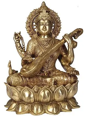 Goddess Saraswati Wearing Sari Seated on Lotus Throne