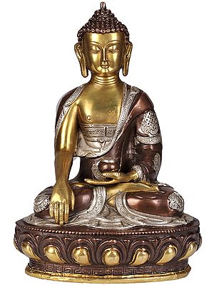 12" Triple Hued Buddha in Earth-Witness Gesture  (Robes Decorated with Auspicious Symbols) In Brass | Handmade | Made In India
