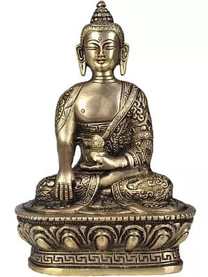 7" Brass Vajrasana Buddha Statue (Robes Decorated with Auspicious Symbols) | Handmade