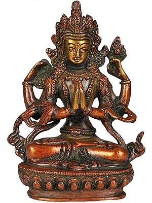 5" Tibetan Buddhist Deity Chenrezig (Shadakshari Lokeshvara) Statue in Brass