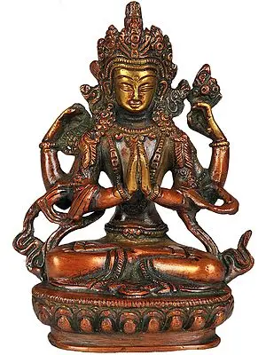 5" Tibetan Buddhist Deity Chenrezig (Shadakshari Lokeshvara) In Brass | Handmade | Made In India