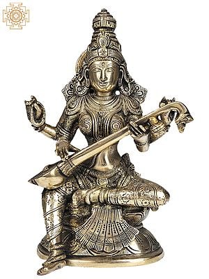 8" Saraswati - Goddess of Arts and Wisdom In Brass | Handmade | Made In India