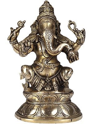 7" Lord Ganesha Seated on Double-Petalled Lotus Pedestal In Brass | Handmade | Made In India