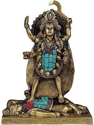 11" Dakshnina Kali Brass Statue with Inlay Work | Handmade | Made in India