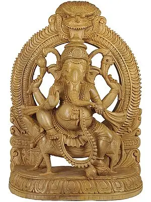 Lord Ganesha Seated on His Vehicle Rat with Floral Aureole and Kirtimukha Atop