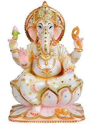 Lord Ganesha Seated on Lotus Granting Abhaya to Devotees