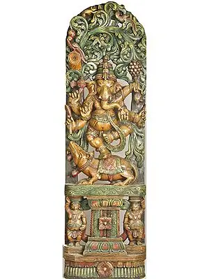 Six Armed Dancing Ganesha with Arched-Shaped Vegetative Aureole