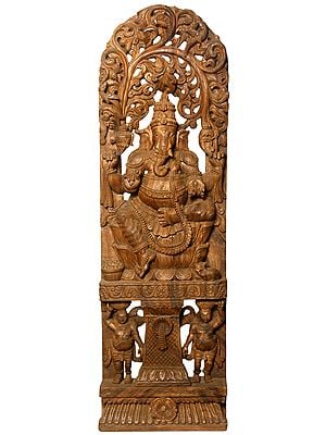 Lord Ganesha Vertical Panel with Vegetative Aureole and Twin Dwarves