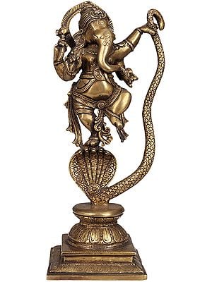 11" Lord Ganesha Dancing on Sheshnaag In Brass | Handmade | Made In India