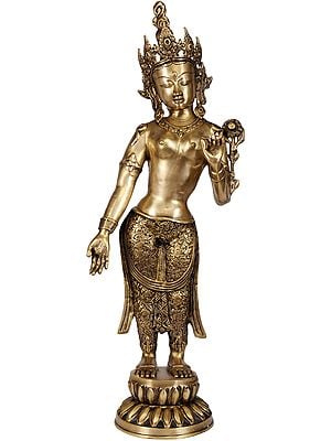 30" Standing Devi Tara, Her Eyes Shut In Brass | Handmade | Made In India