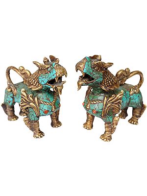 Temple Snow Lion Pair with Inlay Work