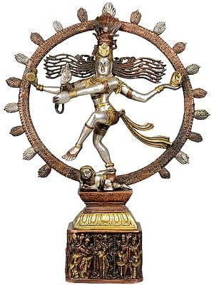 22" Triple Hued Nataraja (Pedestal Decorated with Dancing Figures of Shiva Parvati) In Brass | Handmade | Made In India