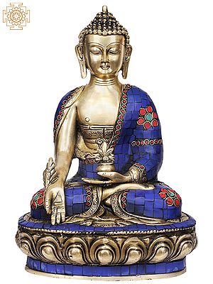 12" (Tibetan Buddhist Deity) Lapis Lazuli Healing Buddha In Brass | Handmade | Made In India