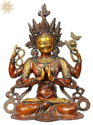15" Tibetan Buddhist Deity- Chenrezig (Shadakshari Lokeshvara) In Brass | Handmade | Made In India