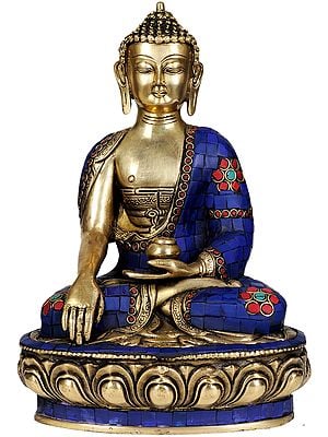12" Lord Buddha in Bhumisparsha Mudra (With Inlay Work) In Brass | Handmade | Made In India