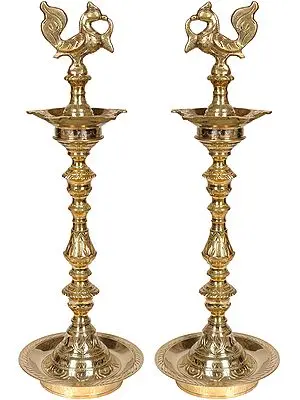 15" Annam Lamp (Peacock Lamp Pair) In Brass | Handmade | Made In India